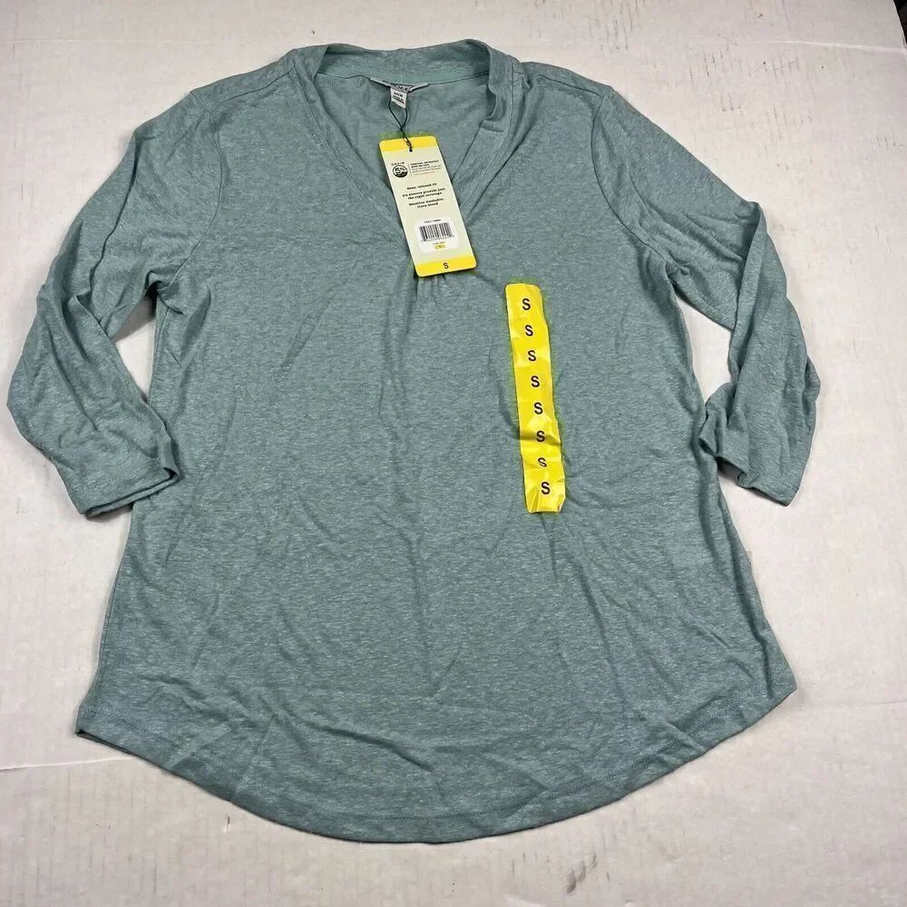 Orvis Womens Linen Blend V-Neck Top Green 3/4 Sleeve Casual Shirt SMALL NEW